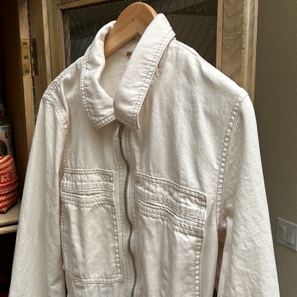 Free People Cream Zip Front Long Sleeve Denim Coveralls Jumpsuit - Picture 4 of 15